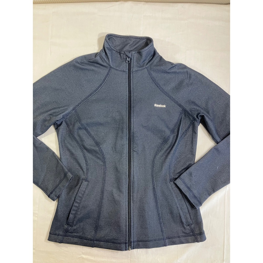 Reebok Womens Full Zip Track Jacket Heathered Navy Blue Mock Neck Small RN104141